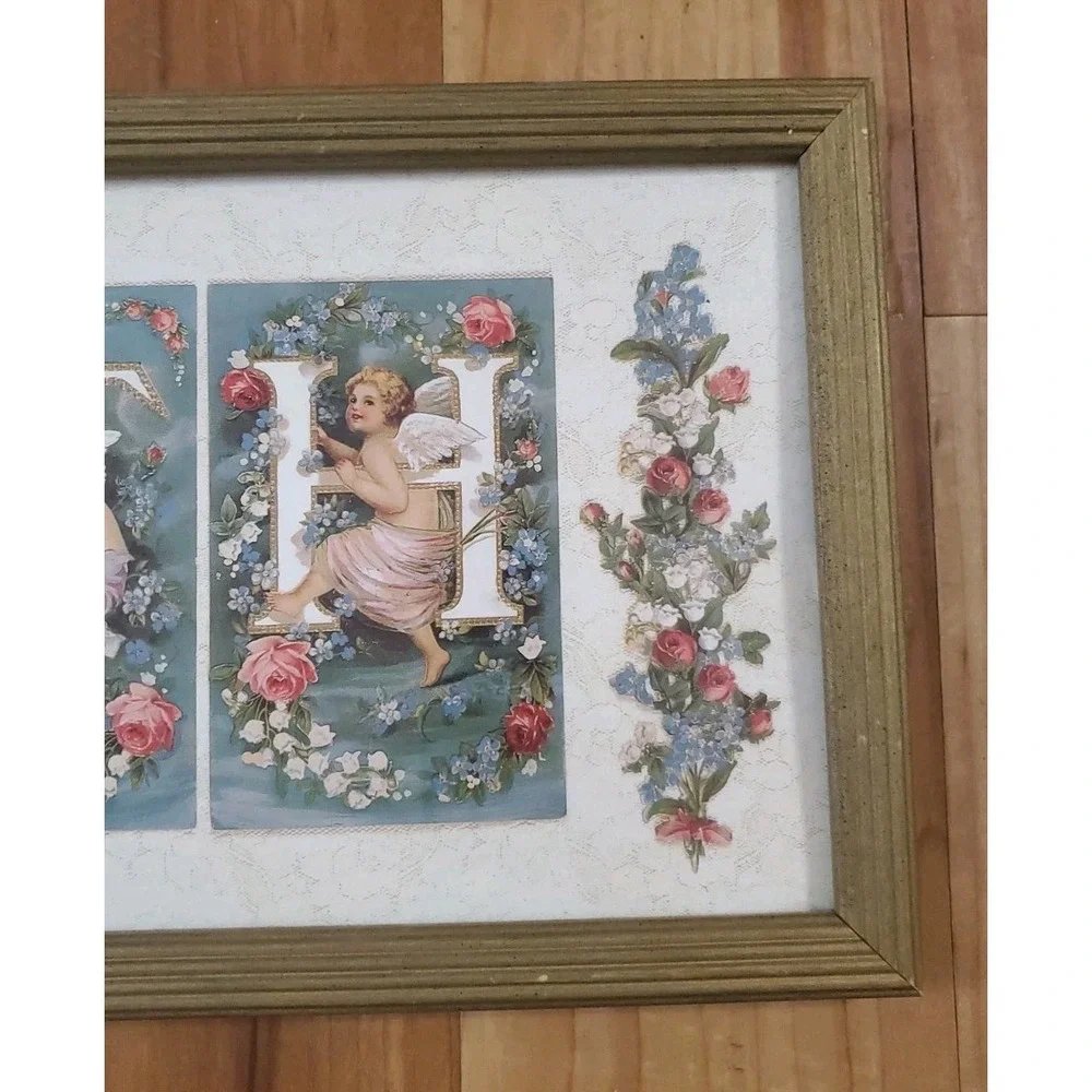 Vintage Cherub Roses Bath Art Gold Tone Framed Wall Decor 21 X 9